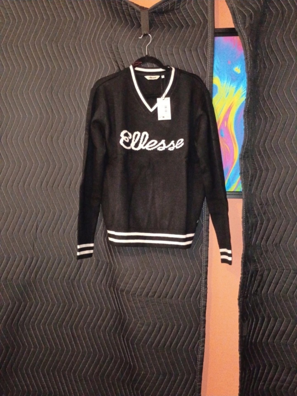 Ellesse Black V-Neck Logo Sweater with White Trim